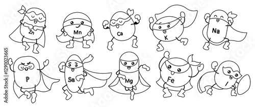 Monochrome illustration of superhero-style trace elements and vitamins, designed as an educational coloring sheet for health and nutrition learning.