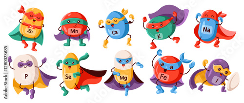Illustration of various trace elements and vitamins depicted as superheroes with capes and masks, representing their essential health benefits.