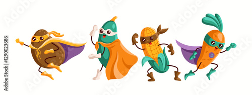 A lively superhero team of potato, zucchini, corn, and carrot running together, each wearing unique masks and capes. A colorful and cheerful illustration perfect for health and fun themes.