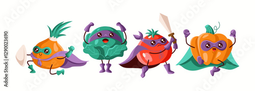 A heroic team of superhero vegetables featuring onion, cabbage, tomato, and pumpkin, all in capes and masks. A vibrant illustration ideal for kids’ content and healthy food branding.