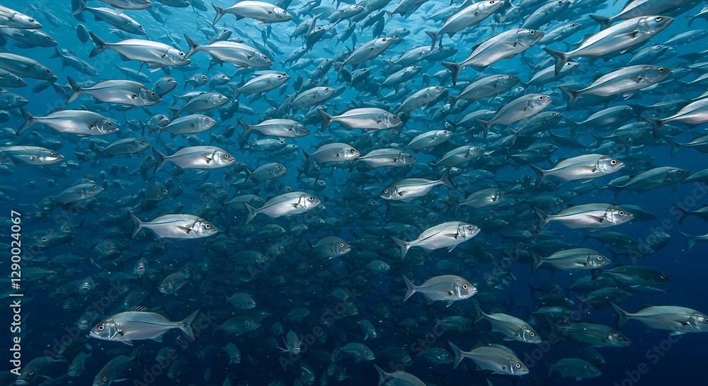 School of Fish Swimming Together Underwater in Ocean Environment School of Fish Swimming Together Underwater in Ocean Environment