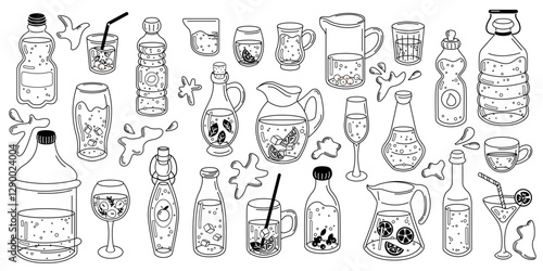 Monochrome illustration of different bottles, pitchers, and glasses filled with water, designed as an educational or coloring sheet for hydration awareness.