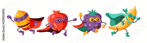A team of superhero fruits including a lemon, pomegranate, grapes, and banana in masks and capes, running forward. A dynamic and playful illustration representing teamwork and energy.