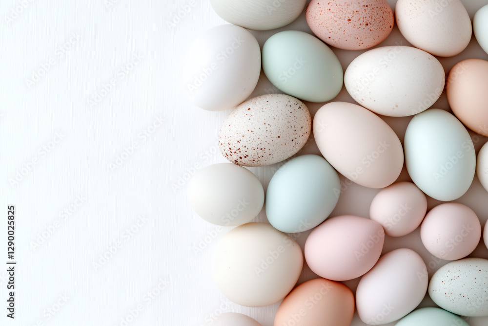 A high-resolution flat lay of pastel-colored Easter eggs arranged neatly on a smooth, neutral background A high-resolution flat lay of pastel-colored Easter eggs arranged neatly on a smooth, neutral background