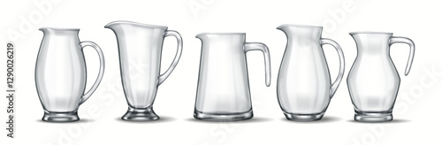 A set of five classic glass pitchers, each uniquely shaped with varying handles and spouts. A realistic 3D rendering emphasizing transparency, reflections, and smooth design.