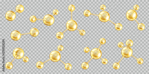 Multiple golden collagen molecules realistic color icons set. Complex network of structural integrity 3d objects bundle on transparent background