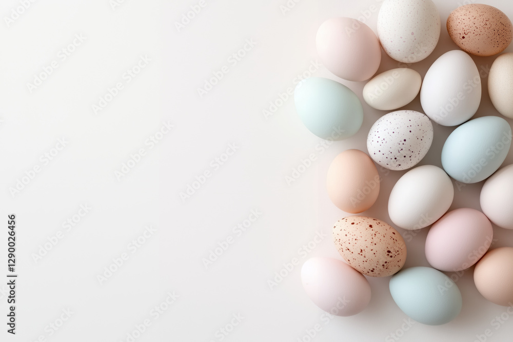 A high-resolution flat lay of pastel-colored Easter eggs arranged neatly on a smooth, neutral background A high-resolution flat lay of pastel-colored Easter eggs arranged neatly on a smooth, neutral background