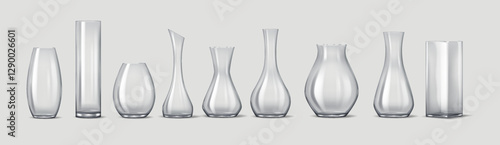 Realistic 3D illustration of a collection of various transparent glass vases in unique shapes and sizes. Suitable for home decor, floral arrangements, and interior styling.