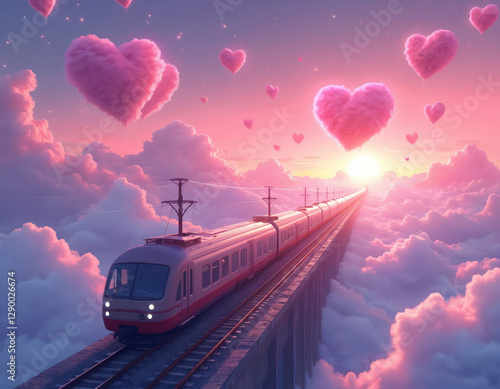 Magical train travels among pink heart balloons. Fantasy landscape with vibrant sunset. Surreal journey through dream land, scenic destination, explore beauty, whimsy, uplift romance, peaceful