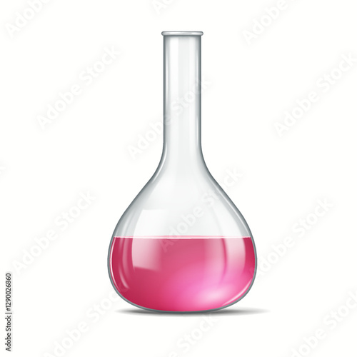 Realistic depiction of a glass flask containing pink liquid isolated on a white background. Ideal for illustrating scientific and educational concepts.