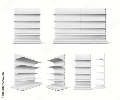 Realistic 3D mockup of a full supermarket shelf with a side view to showcase retail products and displays.