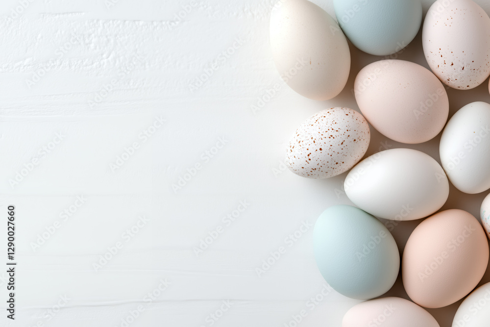 A high-resolution flat lay of pastel-colored Easter eggs arranged neatly on a smooth, neutral background A high-resolution flat lay of pastel-colored Easter eggs arranged neatly on a smooth, neutral background