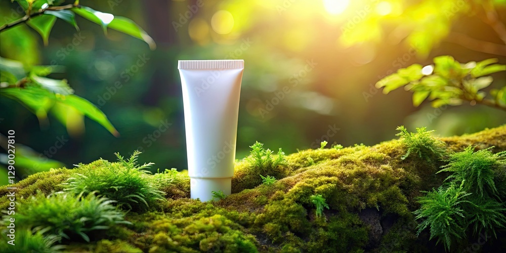 Lush green branches frame a pristine white cream tube; nature's beauty bottled. Lush green branches frame a pristine white cream tube; nature's beauty bottled.