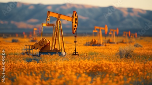 Oil pumps in a field of wildflowers at sunset