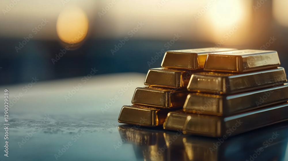 Stacked Gold Bars with a Soft Focus Background Highlighting Wealth, Luxury, and Financial Prosperity in a Warm Glow of Sunset Light Stacked Gold Bars with a Soft Focus Background Highlighting Wealth, Luxury, and Financial Prosperity in a Warm Glow of Sunset Light