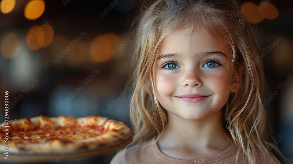 Naklejka premium cute little girl eating pizza in a restaurant happy childhood