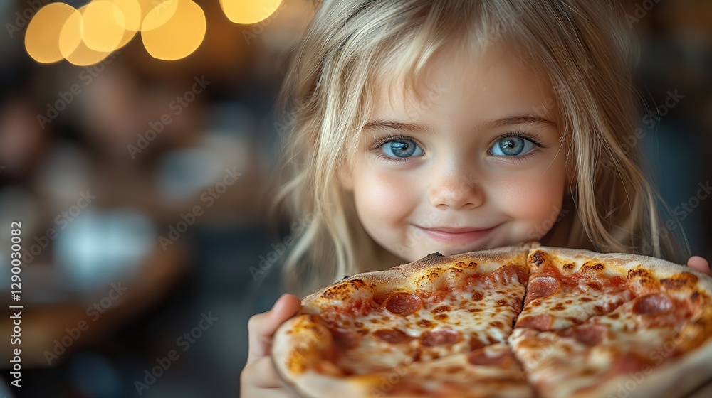 cute little girl eating pizza in a restaurant happy childhood cute little girl eating pizza in a restaurant happy childhood