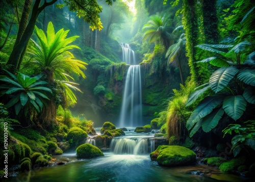 Lush jungle's nocturnal embrace: long exposure captures a cinematic rainforest's mystical rain.