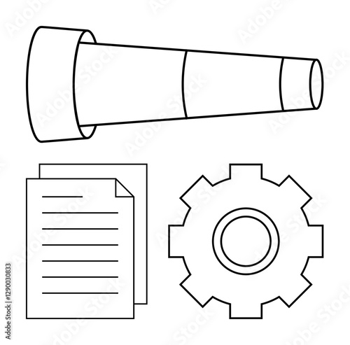 Telescope, gear, and documents alluding to search, innovation, goals, and systems. Ideal for business strategy, technology vision, teamwork education project planning leadership abstract line