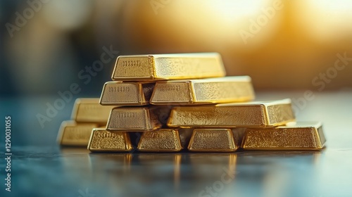 Wallpaper Mural Stacked Gold Bars Glimmering Under a Soft Sunset Glow in an Elegant Display on a Polished Surface Torontodigital.ca