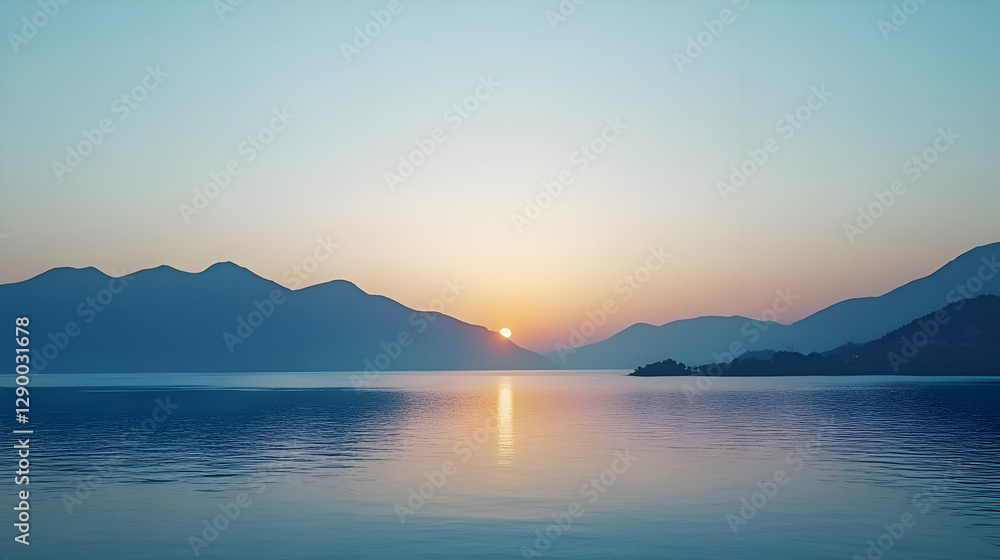 Serene Sunset Over a Calm Lake and Mountains Serene Sunset Over a Calm Lake and Mountains