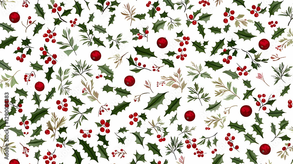 Red And Green Holly Berries And Leaves Christmas Pattern