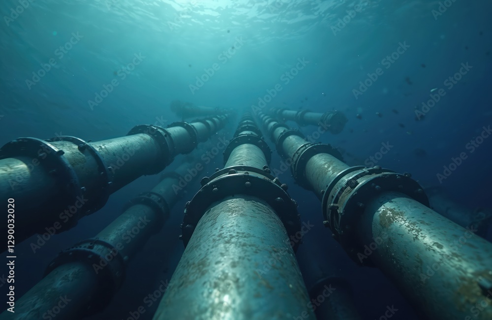 Underwater gas pipeline on sea bottom. Metal pipes for fuel energy resources transport. Industrial infrastructure construction, offshore technology equipment maintenance. Marine system for oil, gas Underwater gas pipeline on sea bottom. Metal pipes for fuel energy resources transport. Industrial infrastructure construction, offshore technology equipment maintenance. Marine system for oil, gas