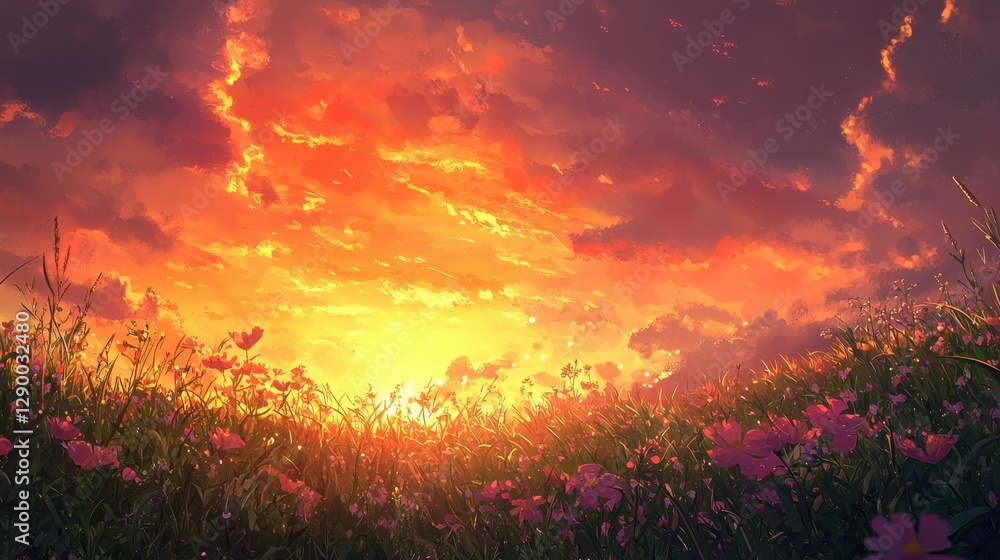 Fototapeta premium Vibrant Sunset Over Peaceful Meadow