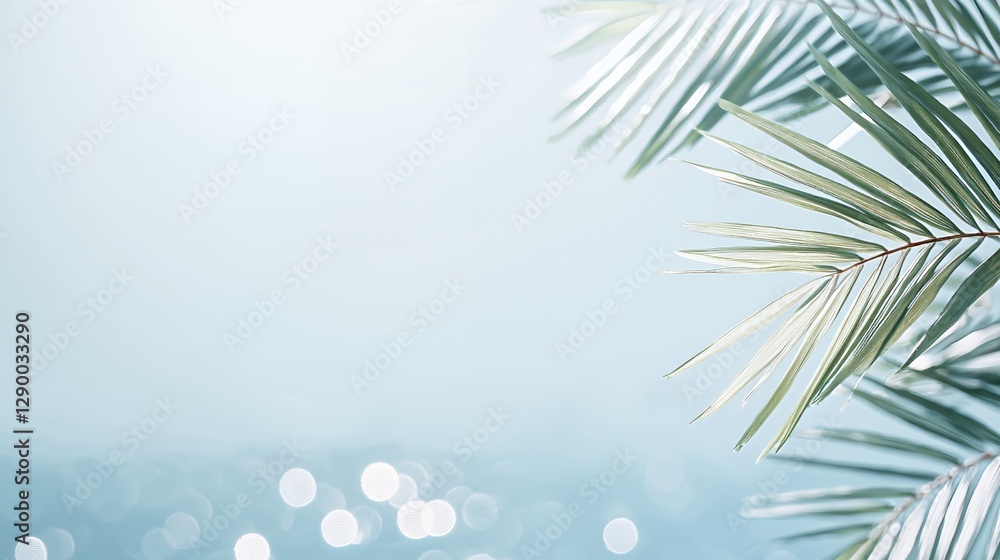 Bright Green Palm Leaves and Blue Ocean Background