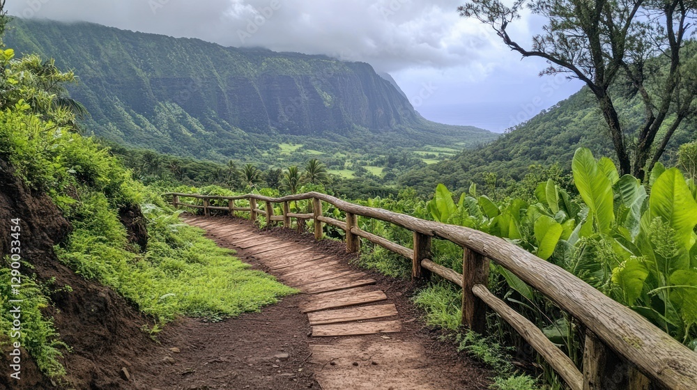 Fototapeta premium Scenic hiking trail with wooden fence overlooking lush valley.