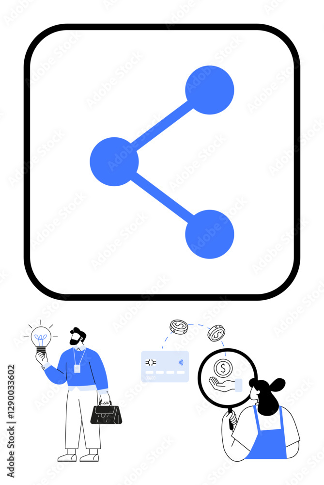 Blue network sharing icon above business figures one holding a light bulb and suitcase, another analyzing data with a magnifying glass. Ideal for technology, business, innovation, communication, data Blue network sharing icon above business figures one holding a light bulb and suitcase, another analyzing data with a magnifying glass. Ideal for technology, business, innovation, communication, data