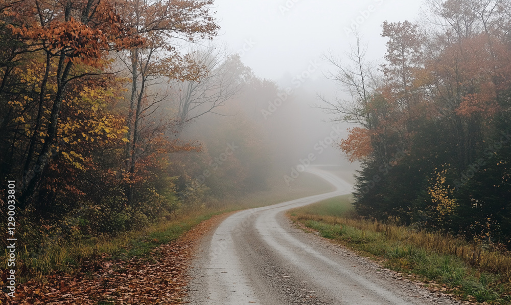 Mysterious foggy country road vanishing into the mist, evoking a sense of surreal, ethereal adventure Mysterious foggy country road vanishing into the mist, evoking a sense of surreal, ethereal adventure