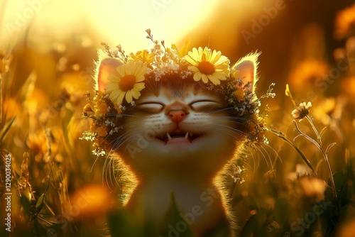 Sunny days happiness. Cute baby cat lykoi wearing savage flower circlet on its head. Golden hour in sunset. Cute kitten in a blooming field. Dreamy summer vacation for cats. photo