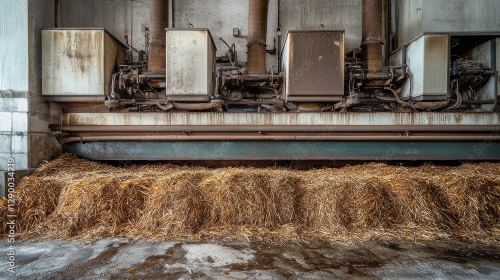 Industrial barn interior with straw and machinery Industrial barn interior with straw and machinery