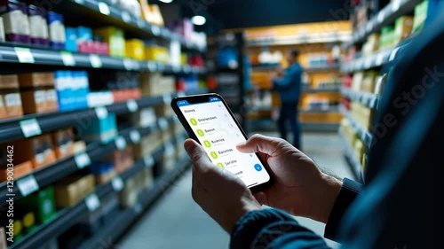 Person using smartphone in grocery store aisle, checking shopping list