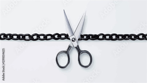 High-angle, close-up view of a pair of silver scissors positioned to cut a black metal chain against a plain white background.  The image is sharply focused, with a shallow depth of field,