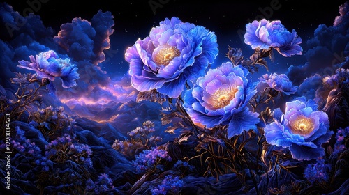 Enchanting blue peony flowers blooming in a mystical moonlit garden landscape with a dreamy surreal atmosphere The flowers glow with a mesmerizing