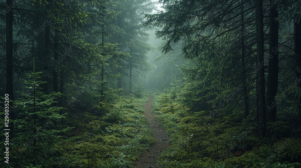 Obraz premium A dense pine forest with young, green spruce trees and thick foliage in the foreground, generative AI