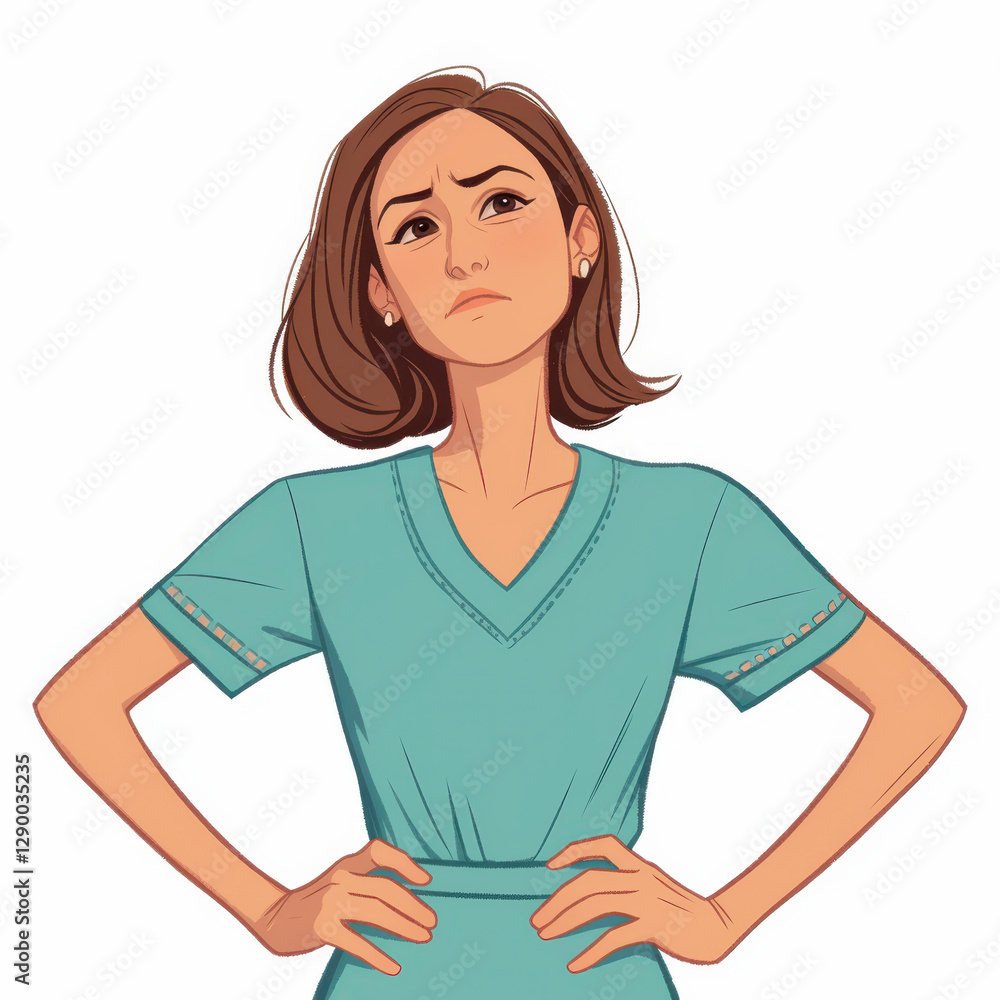 Woman with hands on hips, looking frustrated in teal dress Woman with hands on hips, looking frustrated in teal dress