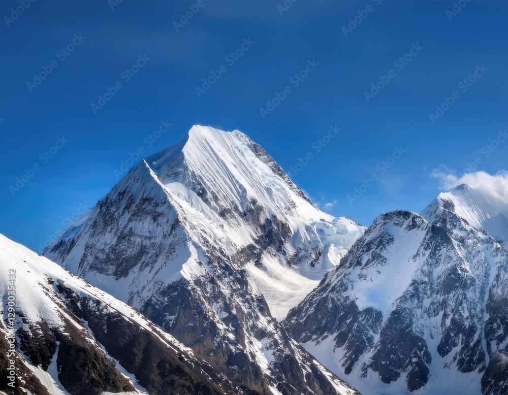 awe inspiring and grandeur inducing sight of a snow-covered mountain with its white peaks against a backdrop of a clear blue sky awe inspiring and grandeur inducing sight of a snow-covered mountain with its white peaks against a backdrop of a clear blue sky