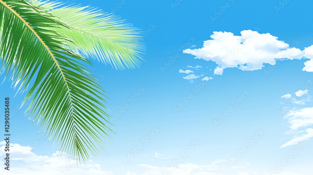 Fototapeta premium Green Palm Leaf Against a Blue Sky with Fluffy White Clouds
