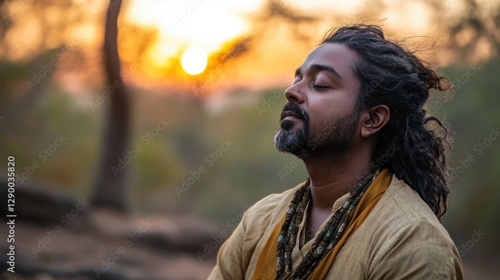 Fototapeta premium Man meditating at sunset in serene nature setting