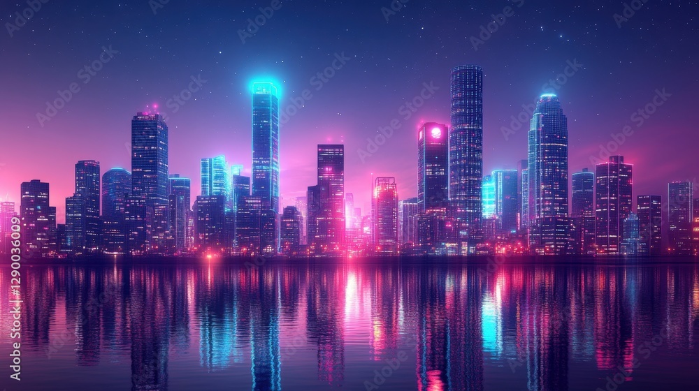 Obraz premium Illuminated High-Tech Smart City Skyline at Night with Glowing Lights
