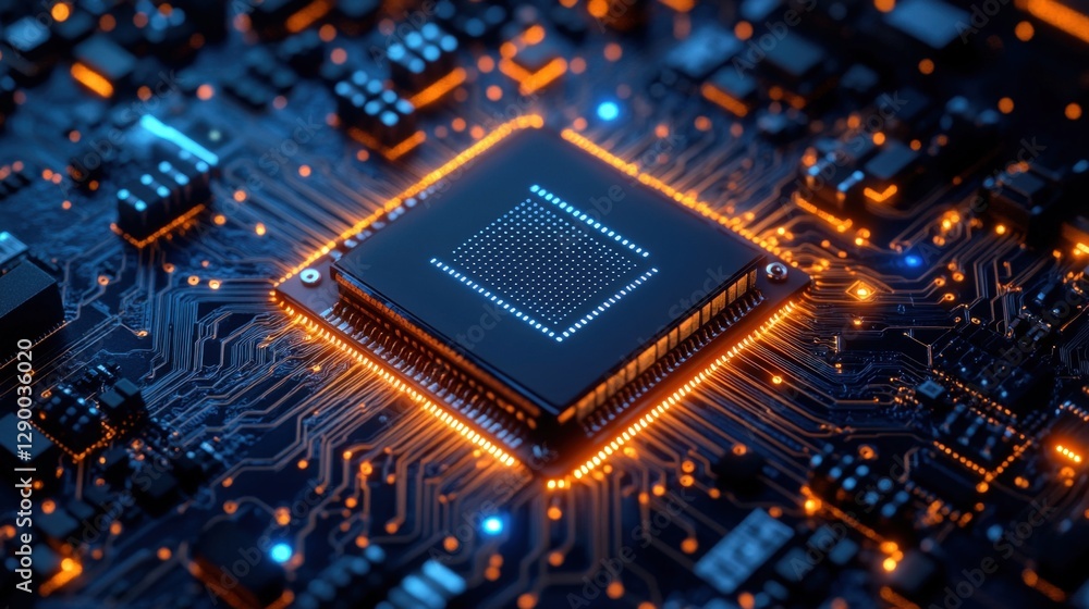 Close-Up View of Advanced Microchip with Circuitry Glow and Detail Close-Up View of Advanced Microchip with Circuitry Glow and Detail