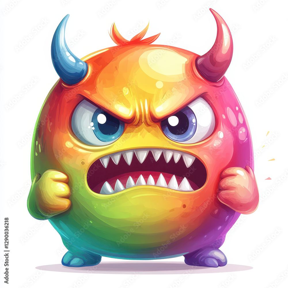 Fototapeta premium Colorful chibi monster with angry expression and small fangs