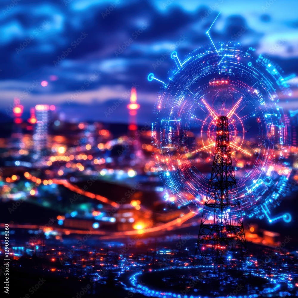 Obraz premium Futuristic sci fi inspired nighttime cityscape featuring a towering illuminated ferris wheel and rollercoaster at a vibrant electrified carnival or amusement park The scene is awash in neon lights