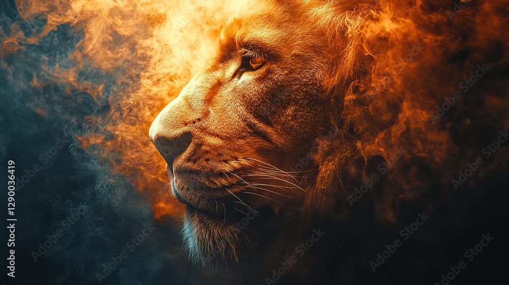 Naklejka premium double exposure of lion face with smoke and light effect in vintage style