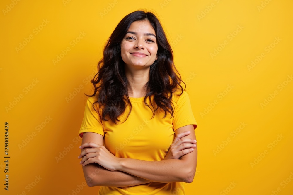 Obraz premium Confident Young Hispanic Woman in Yellow T-Shirt Smiling with Arms Crossed Against a Vibrant Yellow Background