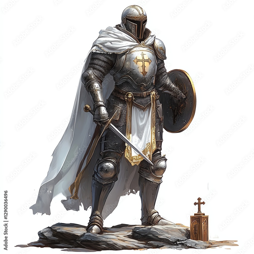 A medieval knight in armor standing with a sword and shield on a rocky base. A medieval knight in armor standing with a sword and shield on a rocky base.