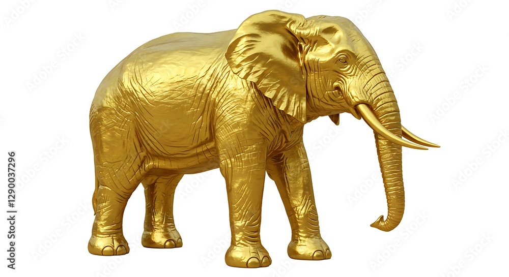 Fototapeta premium Standing Golden Elephant Statue Shining on a Clean White Background